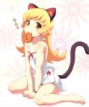 5_fingers 5_toes amber_eyes barefoot black_body black_fur blonde_hair blush clothed clothing dessert doughnut fake_cat_ears fake_ears feet female fingers food fur hair kneeling looking_at_viewer pastry plantigrade simple_background solo toes young yamasan monogatari shinobu_oshino animal_humanoid cat_humanoid felid felid_humanoid feline feline_humanoid humanoid mammal mammal_humanoid 2012 adult_(lore)