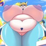 4_fingers anthro ball belly big_breasts big_nipples blonde_eyebrows blonde_hair blue_body blue_eyes blue_fur breasts cloud deep_navel eyebrows fangs female fingers fur genitals hair heart_symbol holding_object huge_breasts inner_ear_fluff multicolored_body multicolored_fur navel nipples outside overweight overweight_anthro overweight_female purple_nipples purple_nose pussy solo standing teeth towel tuft white_inner_ear_fluff hidenafox felid feline mammal 1:1 absurd_res hi_res