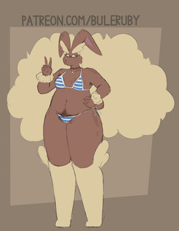 5_fingers anthro arms_bent belly_hair bikini black_eyes blonde_eyebrows body_hair breasts brown_background brown_body brown_fur brown_pubes brown_tail camel_toe cheek_tuft closed_frown clothed clothed_anthro clothed_female clothing eyebrows eyelashes facial_tuft featureless_feet feet female female_anthro fingers floppy_ears frown fully_clothed fully_clothed_anthro fully_clothed_female fur gesture hand_gesture hand_on_hip hand_on_own_hip long_ears lop_ears mouth_closed multicolored_body multicolored_fur navel pattern_bikini pattern_clothing pattern_swimwear pink_inner_ear pokemorph pubes simple_background small_breasts solo standing straight_legs striped_bikini striped_clothing striped_swimwear stripes swimwear tail text thick_eyebrows thick_thighs tuft two-piece_swimsuit v_sign white_bikini white_clothing white_swimwear yellow_body yellow_fur buleruby nintendo pokemon generation_4_pokemon lopunny pokemon_(species) 2025 absurd_res digital_drawing_(artwork) digital_media_(artwork) flat_colors hi_res url
