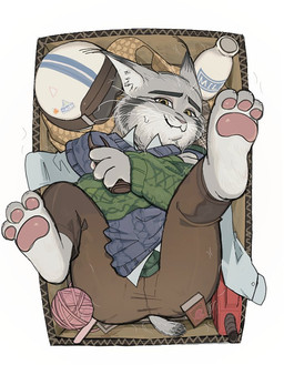 anthro armor ball_of_yarn bottomwear box cardboard cardboard_box clothing container feet headgear helmet low-angle_view lying male milk pants pawpads paws simple_background solo spread_legs spreading sweater topwear whiskers worm's-eye_view yarn hjdoak disney zootopia pawbert_lynxley canada_lynx felid feline lynx mammal