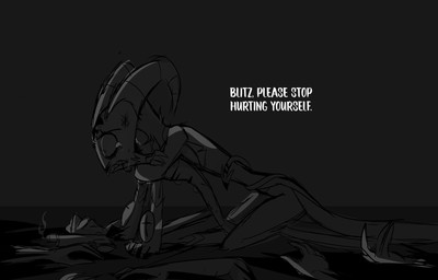 blood bodily_fluids bruised crying dialogue duo floor grey_background horn hug male offscreen_character shocked simple_background tears text white_text teathekook hellaverse helluva_boss blitzo_(helluva_boss) stolas_(helluva_boss) avian bird imp owl owl_demon hi_res monochrome