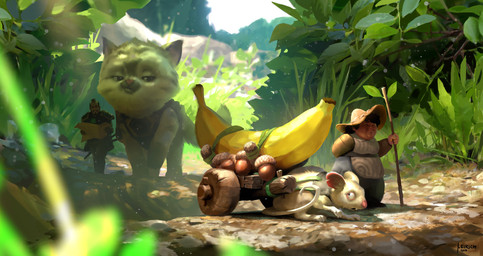 ambiguous_gender apron armor asian banana brown_body brown_fur clothing day detailed_background female feral food fruit fur group hat headgear headwear holding_map holding_object holding_staff leaf looking_back male micro open_mouth outside overweight overweight_human plant smile staff standing surprised tail vehicle wagon walking jakob_eirich domestic_cat felid feline felis human mammal rodent 2018 digital_media_(artwork) hi_res
