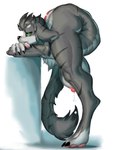 4_toes anthro bodily_fluids contortionism feet female flexible floppy_ears fur green_eyes grey_body grey_ears grey_fur grey_tail lactating long_ears long_tail nude plantigrade solo tail toes gyy canid mammal 3:4