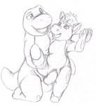 anthro balls duo female genitals male male/female one_leg_up open_mouth penetration penis pussy raised_leg ribbons tail vaginal vaginal_penetration kitsune_youkai barney_and_friends pbs baby_bop barney_the_dinosaur dinosaur equid equine horse mammal prehistoric_species reptile scalie 2019 hi_res monochrome sketch