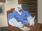 anthro belly big_belly bookshelf chair clothing detailed_background electronics eyewear facial_hair furniture glasses humanoid_hands inside kemono male mature_male mustache open_mouth overweight overweight_male phone police police_officer police_uniform ring shirt sitting solo text topwear uniform white_body wdh3905 bear mammal polar_bear ursine 2024 english_text hi_res