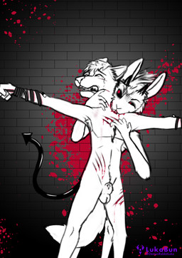 animal_genitalia bdsm bite blood bodily_fluids bondage bound crying duo fur genitals gore_focus kidnapping male penis scratching screaming sheath spade_tail tail tears lukabun canid canine canis demon hybrid lagomorph leporid mammal rabbit wolf absurd_res hi_res story story_in_description