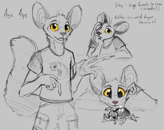 ambiguous_gender anthro arm_tuft big_ears bottomwear cheek_tuft claws closed_smile clothed clothing duo elbow_tuft facial_tuft fangs finger_claws front_view head_tuft long_fingers male mouth_closed narrowed_eyes neck_tuft open_mouth pants shirt simple_background smile solo t-shirt teeth text topwear tuft unsigned acidic arthropod aye-aye lemur mammal primate strepsirrhine english_text partially_colored sketch sketch_page