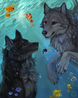 ambiguous_gender black_body black_fur black_nose blue_eyes bubble claws day ear_piercing feral fur grey_body grey_fur group large_group light paws piercing red_eyes sun sunlight swimming underwater water flashw ambient_fish ambient_sealife aquatic canid canine canis clownfish fish mammal pomacentrid wolf digital_media_(artwork) digital_painting_(artwork) painting_(artwork)