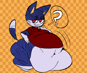 anthro belly belly_overhang belly_rolls big_belly blue_body bottomless checkered checkered_background clothed clothing countershade_torso countershading deep_navel dipstick_tail gloves_(marking) huge_belly leg_markings lidded_eyes looking_at_viewer male markings moobs morbidly_obese morbidly_obese_anthro morbidly_obese_male navel obese obese_anthro obese_male orange_background overweight overweight_anthro overweight_male pattern_background question_mark red_eyes shirt shirt_only simple_background smile smirk socks_(marking) solo standing tail tail_markings three-quarter_view topwear topwear_only undersized_clothing undersized_shirt undersized_topwear whiskers white_body wide_hips boxmingle third-party_edit vicks_(colorist) animal_crossing nintendo rover_(animal_crossing) domestic_cat felid feline felis mammal tuxedo_cat 2018 2020 alternate_version_at_source color_edit colored colored_sketch digital_media_(artwork) full-length_portrait portrait sketch