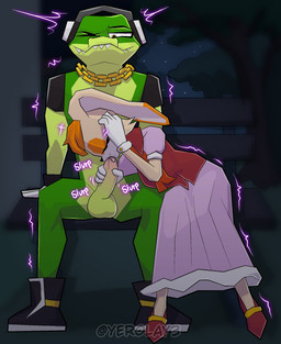 added_anatomy anthro bench clothing dress electronics fellatio female gloves handwear headphones male mature_female oral penile sex yerolay sega sonic_the_hedgehog_(series) vanilla_the_rabbit vector_the_crocodile crocodile crocodilian lagomorph leporid mammal rabbit reptile scalie hi_res