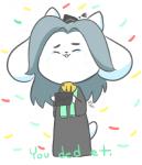 :3 ambiguous_gender blue_hair bodily_fluids clothing confetti crying eyes_closed feral fur hair robe simple_background smile solo square_academic_cap standing tears text white_body white_fur mt undertale undertale_(series) temmie_(undertale) mammal tem 2015 english_text