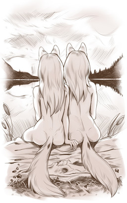 5_fingers anthro detailed_background duo female fingers landscape nude scenery sitting sunset dragonfu shinyuu_(character) canid canine canis mammal wolf 2019 5:8 cross-hatching digital_media_(artwork) hatching_(art) shaded sketch