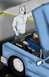 anthro athletic car fur hair male mechanic muscular muscular_male nipples shirtless solo vehicle white_body white_fur white_hair ramish canid canine canis dogo_argentino domestic_dog mammal mastiff molosser hi_res