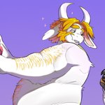 anthro arm_hair beard biceps blonde_hair blush body_hair chest_hair facial_hair fur hair horn male musclegut muscular overweight overweight_male pawpads purple_background simple_background solo white_body white_fur yellow_body yellow_fur isisgio undertale_(series) asgore_dreemurr boss_monster_(undertale) bovid caprine goat mammal 1:1