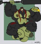 anthro balls banana beard big_balls big_muscles big_penis bodily_fluids body_hair erection facial_hair feet food foot_fetish foot_on_balls foot_on_penis foot_play fruit fur genital_fluids genitals green_body green_skin huge_balls huge_muscles huge_penis hyper hyper_genitalia hyper_muscles hyper_penis male markings musclegut muscular muscular_male nipples nude pecs penis plant precum prehensile_feet solo sweat tattoo toes tusks unknown_artist igroc_(secretkaal) ape gorilla haplorhine humanoid mammal monkey orc primate hi_res