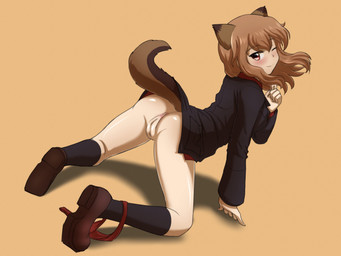all_fours anus black_clothing black_footwear black_jacket black_socks black_topwear blush brown_clothing brown_eyes brown_footwear brown_hair brown_shoes butt clothed clothing clothing_around_one_leg dipstick_ears ear_markings female footwear genitals hair jacket light_body light_skin looking_at_viewer multicolored_ears one_eye_closed panties panties_around_one_leg panties_down partially_clothed presenting presenting_anus presenting_hindquarters presenting_vulva raised_arm raised_tail red_clothing red_panties red_shirt red_topwear red_underwear shirt shoes side_view simple_background smile socks solo tail tan_background topwear underwear underwear_around_one_leg underwear_down vulva wink winking_at_viewer skarlet_jewel strike_witches fernandia_malvezzi animal_humanoid ground_squirrel_humanoid humanoid mammal mammal_humanoid rodent rodent_humanoid sciurid sciurid_humanoid 2022 4:3 full-length_portrait hi_res portrait