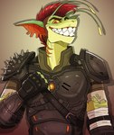 anthro armor black_armor clothed clothing female gills glistening glistening_eyes gradient_background green_body grin hair looking_at_viewer markings pupils red_eyes red_hair red_inner_ear sharp_teeth short_hair simple_background slit_pupils smile solo teeth yellow_markings yellow_sclera imperatorcaesar marine species_request