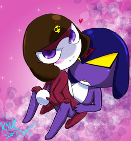 anthro blush duo fur heart_symbol looking_at_viewer looking_back male mostly_nude purple_body purple_eyes purple_skin straddling white_body white_fur yellow_eyes young garugirosonicshadow sgt._frog garuru_(sgt._frog) giroro alien amphibian keronian tadpole