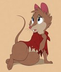 absurd_res blue_eyes brown_body brown_fur cloak clothed clothing denzeltip don_bluth female feral fur hi_res looking_up mammal mouse mrs._brisby murid murine rodent semi-anthro simple_background solo the_secret_of_nimh torn_clothing wood_mouse