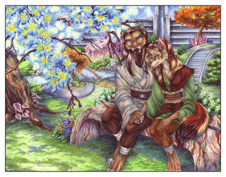 anthro blush border clothing duo female future grey_eyes hug lightsaber male melee_weapon outside pigtails plant robe tail tree weapon white_border wood cockiestspaniel star_wars artaith canid canine canis felid lion mammal pantherine wolf 2011 unavailable_at_source