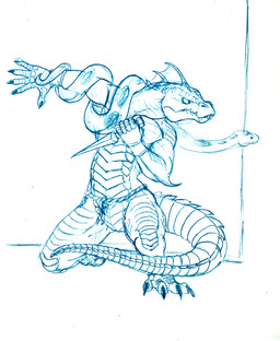 anthro crouching dagger feral male melee_weapon weapon omny87 dungeons_and_dragons hasbro wizards_of_the_coast lizard_man lizard lizardfolk_(dnd) lizardman reptile scalie snake blue_and_white monochrome sketch traditional_media_(artwork)