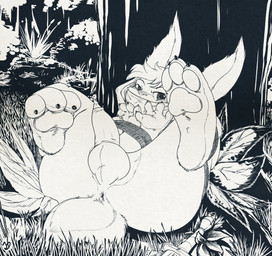3_toes anus balls barefoot bdsm bondage bound butt claws curling_toes feet foreskin genitals grass hair hood looking_at_viewer lying male melee_weapon on_back outside pawpads penis perineum plant restraints rope rope_bondage semi-anthro soles solo sword toe_claws toes tree weapon stormdragonblue odin_sphere vanillaware cornelius_(odin_sphere) pooka 2018 absurd_res hi_res monochrome