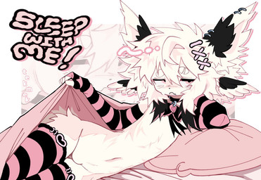 anthro arm_warmers armwear bed blush clothing collar ear_piercing ear_ring furniture legwear male pattern_clothing pattern_legwear pattern_thigh_highs piercing pillow ring_piercing solo striped_clothing striped_legwear striped_thigh_highs stripes text thigh_highs under_covers tarashi ambiguous_species