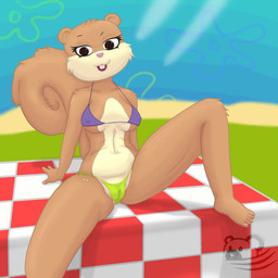 anthro bikini breasts camel_toe clothed clothing female flower_cloud_(spongebob) furniture grass looking_at_viewer nipple_outline outside plant sitting smile solo spread_legs spreading swimwear table tail triangle_bikini two-piece_swimsuit kumachi nickelodeon spongebob_squarepants sandy_cheeks eastern_grey_squirrel grey_squirrel mammal rodent sciurid tree_squirrel 1:1 absurd_res hi_res