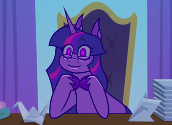 bent_legs blue_line_art chair closed_smile desk eye_through_mane female female_feral feral fetlocks fur furniture hooves horn inside mane mouth_closed on_chair origami_crane paper_airplane papercraft purple_body purple_fur purple_hooves purple_mane sitting sitting_on_chair smile solo table unguligrade window_curtains dapper_lil_arts friendship_is_magic hasbro my_little_pony mythology twilight_sparkle_(mlp) equid equine mammal mythological_creature mythological_equine unicorn 2025 colored_line_art digital_drawing_(artwork) digital_media_(artwork)