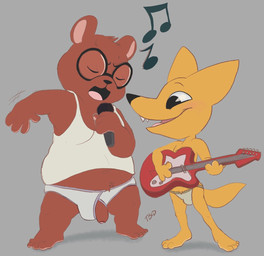 3_fingers 4_fingers anthro blush briefs brown_body brown_fur bulge canon_couple clothing duo electric_guitar electronics eyes_closed eyewear fingers flaccid foreskin fur genitals glasses guitar humanoid_genitalia humanoid_penis interspecies jockstrap male microphone musical_instrument navel open_mouth overweight overweight_male penis penis_poking_out penis_through_fly penis_through_underwear playing_guitar playing_music plucked_string_instrument shirt singing standing string_instrument tank_top tighty_whities tongue topwear underwear wardrobe_malfunction white_briefs white_clothing white_underwear yellow_body yellow_fur tbid night_in_the_woods angus_delaney gregg_lee bear canid canine fox mammal hi_res