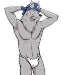 anthro asian_clothing biting_on_toothpick black_nose blue_kerchief bulge clothed clothing east_asian_clothing fundoshi fundoshi_only fur grey_body grey_fur hands_behind_head japanese_clothing kerchief male navel open_mouth simple_background smile solo teeth_showing toothpick topless underwear underwear_only white_background white_clothing white_fundoshi white_underwear thegreatmatsutzu the_boy_and_the_beast canid canine canis mammal wolf