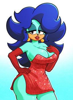 anthro big_breasts blue_hair breasts cleavage clothed clothing dress ear_piercing ear_ring female gloves hair handwear huge_breasts lipstick makeup piercing red_clothing red_dress ring_piercing solo roboticsteve sega sonic_the_hedgehog_(series) breezie_the_hedgehog eulipotyphlan hedgehog mammal absurd_res hi_res