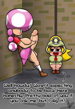 against_surface against_wall alley anthro areola armless armor balls big_balls big_breasts big_penis blonde_hair blush blush_stickers bottomwear breasts caught_in_the_act caught_masturbating clothing dialogue duo exhibitionism eyelashes female footwear genitals glistening_eyelids grin gynomorph hair hankerchief headgear helmet huge_penis hyper hyper_genitalia hyper_penis intersex long_eyelashes masturbation nipple_outline penis pink_body ponytail shirt shocked shoes shorts skirt smile socks spots tan_body topwear tusks supermoonshroom mario_bros nintendo paper_mario goombella toadette goomba toad_(mario) hi_res