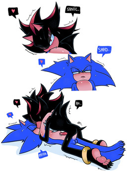 anal anal_penetration anthro anthro_on_anthro anthro_penetrated anthro_penetrating anthro_penetrating_anthro balls bite bite_mark bite_mark_on_chest biting_another black_body black_fur blue_body blue_fur bodily_fluids chest_tuft dialogue duo erection fur genital_fluids genitals green_eyes heart_symbol kissing_while_penetrated kissing_while_penetrating leaking_precum looking_pleasured lube_on_penis male male/male male_penetrated male_penetrating male_penetrating_male pawpads penetration penile penile_penetration penis penis_in_ass pink_pawpads precum red_body red_eyes red_fur sex speech_bubble sweat sweaty_face talking_to_another talking_to_partner tan_body tan_fur tan_inner_ear tapering_penis text tuft nekoshad sega sonic_the_hedgehog_(series) shadow_the_hedgehog sonic_the_hedgehog eulipotyphlan hedgehog mammal 2026 digital_drawing_(artwork) digital_media_(artwork) english_description english_text hi_res
