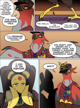 ambiguous_gender anthro aviator_cap aviator_goggles badge clothed clothing desk dialogue duo elbows_on_table feet furniture harmony_scarf sitting speech_bubble table talons text toes wings odeko-yma nintendo pokemon pokemon_mystery_dungeon spike_chunsoft captain_cinder_(odeko-yma) ampharos generation_2_pokemon generation_6_pokemon pokemon_(species) talonflame 2026 absurd_res comic digital_media_(artwork) english_text hi_res signature