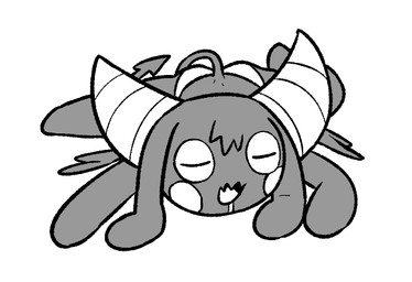 2_horns anthro black_body black_ears black_fur black_tail black_tuft black_wings bodily_fluids cheek_markings circle_(marking) clothing drooling eyes_closed facial_markings featureless_feet featureless_hands feet female female_anthro floppy_ears fur head_markings head_tuft horn long_ears lop_ears lying markings membrane_(anatomy) membranous_wings on_front open_mouth panties saliva simple_background sleeping small_wings solo spade_tail tail tongue tuft underwear white_background white_cheeks white_clothing white_horn white_markings white_panties white_tongue white_underwear wings o-den bibi_(o-den) demon succubus 2026 digital_media_(artwork) monochrome