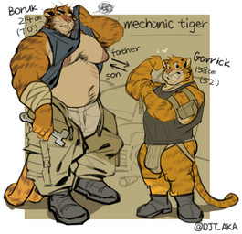 age_difference anthro barazoku bedroom_eyes belly belly_hair biceps big_belly big_muscles big_pecs black_body black_fur blue_clothing blue_shirt blue_tank_top blue_topwear body_hair boots bottomwear boxers_(clothing) brown_facial_hair brown_sideburns bulge chest_hair clothed clothing clothing_lift detailed_bulge duo facial_hair flexing flexing_bicep flexing_both_biceps flexing_muscles flirting flirting_look flirting_with_viewer footwear fur genital_outline green_bottomwear green_clothing green_pants grey_boots grey_clothing grey_footwear grey_shirt grey_tank_top grey_topwear grin grinning_at_viewer holding_object holding_tool holding_wrench jockstrap larger_anthro larger_male looking_at_viewer male male/male manly markings mature_anthro mature_male mechanic moobs musclegut muscular muscular_anthro muscular_arms muscular_male muscular_thighs narrowed_eyes nipples older_anthro older_male orange_body orange_fur pants pantsless pantsless_anthro pantsless_male pecs penis_outline pose presenting presenting_body presenting_pecs seducing_viewer seductive shirt shirt_lift shoes showing_off_muscles sideburns size_difference smaller_anthro smaller_male smile smiling_at_viewer standing striped_body striped_fur striped_markings striped_tail stripes tail tail_markings tank_top text thick_arms thick_thighs tools topwear underwear whiskers white_boxers white_clothing white_jockstrap white_underwear wrench younger_anthro younger_male djtaka boruk_(djtaka) garrick_(djtaka) felid feline mammal pantherine tiger absurd_res english_text hi_res model_sheet father_(lore) father_and_child_(lore) father_and_son_(lore) parent_(lore) parent_and_child_(lore) parent_and_son_(lore) son_(lore)