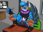 4_toes 5_fingers absurd_res agent_3_(splatoon_3) anthro bean_bag belt_buckle black_clothing blue_body blue_fur blurred_background bottomwear canid canine canis claws clothing countershading damaged_clothing exposed_belly feet feet_on_desk feet_on_table fin fingers food foot_focus foot_wraps fruit fur furniture generation_3_pokemon hand_wraps handpaw head_tuft hi_res hybrid male mammal neckband neckwear nintendo orange_body orange_eyes orange_gills orange_nose orange_pawpads orange_scales pawpads paws persim_berry plant pokemon pokemon_(species) pokemon_berry randytheartdog scales shirt sitting solo splatoon swampert table tail tail_fin tank_top toe_claws toes topwear torn_clothing tuft white_body white_countershading wolf wraps xevy