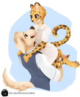 anthro clothing duo female flat_chested happy male male/female romantic romantic_couple school_uniform text uniform icedfoxes kingshiq beastars jack_(beastars) sheila_(beastars) bird_dog canid canine canis domestic_dog felid feline hunting_dog labrador leopard mammal pantherine retriever hi_res url