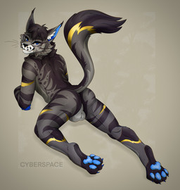 anthro backsack balls bedroom_eyes blue_eyes blue_pawpads butt cheek_tuft dipstick_tail ear_tuft facial_tuft fur genitals gold_stripes grey_body grey_fur inner_ear_fluff looking_at_viewer looking_back lying male markings narrowed_eyes on_front pawpads presenting presenting_hindquarters seductive solo spots stripes tail tail_markings tuft cyberspaceart sterling_(wolfgang2456) domestic_cat felid feline felis maine_coon mammal absurd_res hi_res