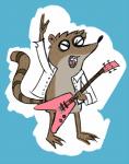 anthro brown_body brown_fur cartoon_network clothed clothing eyes_closed fur guitar happy jacket male mammal milkshakes_(artist) musical_instrument partially_clothed playing_guitar playing_music plucked_string_instrument procyonid raccoon regular_show rigby_(regular_show) simple_background solo string_instrument teeth tongue tongue_out topwear