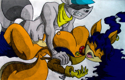 anthro areola big_breasts blue_hair breasts canon_couple clothing collar duo ear_piercing ear_ring eyes_closed female fur genitals gloves grey_body grey_fur hair handwear jacket male male/female multicolored_body multicolored_fur navel nipples open_mouth orange_body orange_fur penetration penis piercing ring_piercing sex tan_body tan_fur teeth topwear two_tone_body two_tone_fur vaginal vaginal_penetration virus-20 sly_cooper_(series) sony_corporation sony_interactive_entertainment sucker_punch_productions carmelita_fox sly_cooper canid canine fox mammal procyonid raccoon 2005 low_res traditional_media_(artwork)