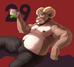 anthro armpit_hair beard belly beverage biceps body_hair bottomwear clothed clothing facial_hair grin headgear headwear holding_beverage holding_object looking_at_viewer male manly moobs musclegut muscular navel nipples overweight overweight_anthro overweight_male pants pecs red_background simple_background sitting smile solo topless topless_male shibacream echo_(game) echo_(series) echo_project carl_hendricks bovid caprine mammal 2023 absurd_res hi_res