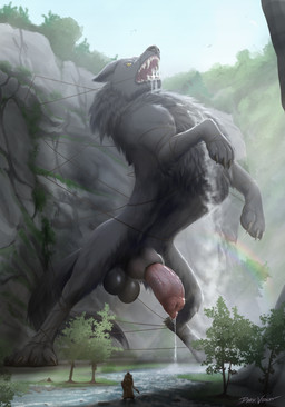 animal_genitalia animal_penis balls black_sheath_slit bodily_fluids bound canine_genitalia canine_penis day drooling duo erection feral feral_focus fur genital_fluids genitals knot knot_in_sheath knotted_penis looking_at_viewer macro macro_feral macro_focus macro_male male male_feral nature open_mouth penis precum rainbow saliva sheath sheath_slit solo_focus tail teeth water dark_violet fenrir_(mythology) canid canine canis human jotunn mammal wolf 2026 absurd_res digital_drawing_(artwork) digital_media_(artwork) hi_res story story_in_description