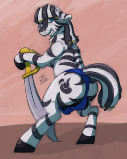 accessory animal_genitalia balls blue_eyes clothing cutie_mark dreadlocks genitals grey_body hair_accessory hair_tie male mane melee_weapon pose sheath solo stripes sword underwear weapon denton gyrotech hasbro my_little_pony ruzeth equid equine mammal zebra hi_res pinup