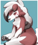 ambiguous_gender blue_background blush feral red_eyes simple_background solo itameshi nintendo pokemon canid canine generation_7_pokemon lycanroc mammal midnight_lycanroc pokemon_(species) werecreature