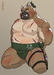 anthro asian_clothing belly blush brown_body brown_fur clothing east_asian_clothing eyebrows fur green_hair hair japanese_clothing kneeling male mawashi musclegut muscular nipples pecs scar shirtless solo thick_eyebrows thigh_belt natsuhakoura lifewonders tokyo_afterschool_summoners yasuyori_(tas) canid canine canis domestic_dog mammal hi_res