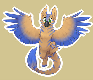 beak feathered_wings feathers featureless_crotch feet feral fur green_eyes inner_ear_fluff looking_at_viewer nude null outline paws prehensile_feet simple_background smile solo striped_body striped_fur stripes tail tail_tuft tan_background toeless_(marking) toes tuft wings dragon-chan kona_(konaburd) avian