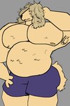 armpit_hair barazoku belly big_belly body_hair butt fluffly hair hidden_face long_hair male moobs overweight simple_background slightly_chubby solo suggestive yellow_body cu3rvo borzoi canid canine canis domestic_dog hunting_dog mammal sighthound