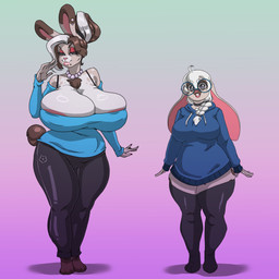 absolute_territory anthro areola areola_slip bedroom_eyes big_breasts biped breasts brown_hair camel_toe chest_tuft choker clothing duo eyeshadow eyewear female floppy_ears front_view glasses glistening glistening_breasts gradient_background hair hair_bun hoodie huge_breasts jewelry leggings legwear looking_at_viewer lop_ears makeup mature_anthro mature_female narrowed_eyes necklace overweight overweight_anthro overweight_female red_eyeshadow seductive short_hair shoulderless_shirt simple_background size_difference thick_thighs thigh_highs topwear tuft wearing_glasses white_hair wide_hips 5_square_meters mille_(5_square_meters) lagomorph leporid mammal rabbit 1:1 absurd_res hi_res